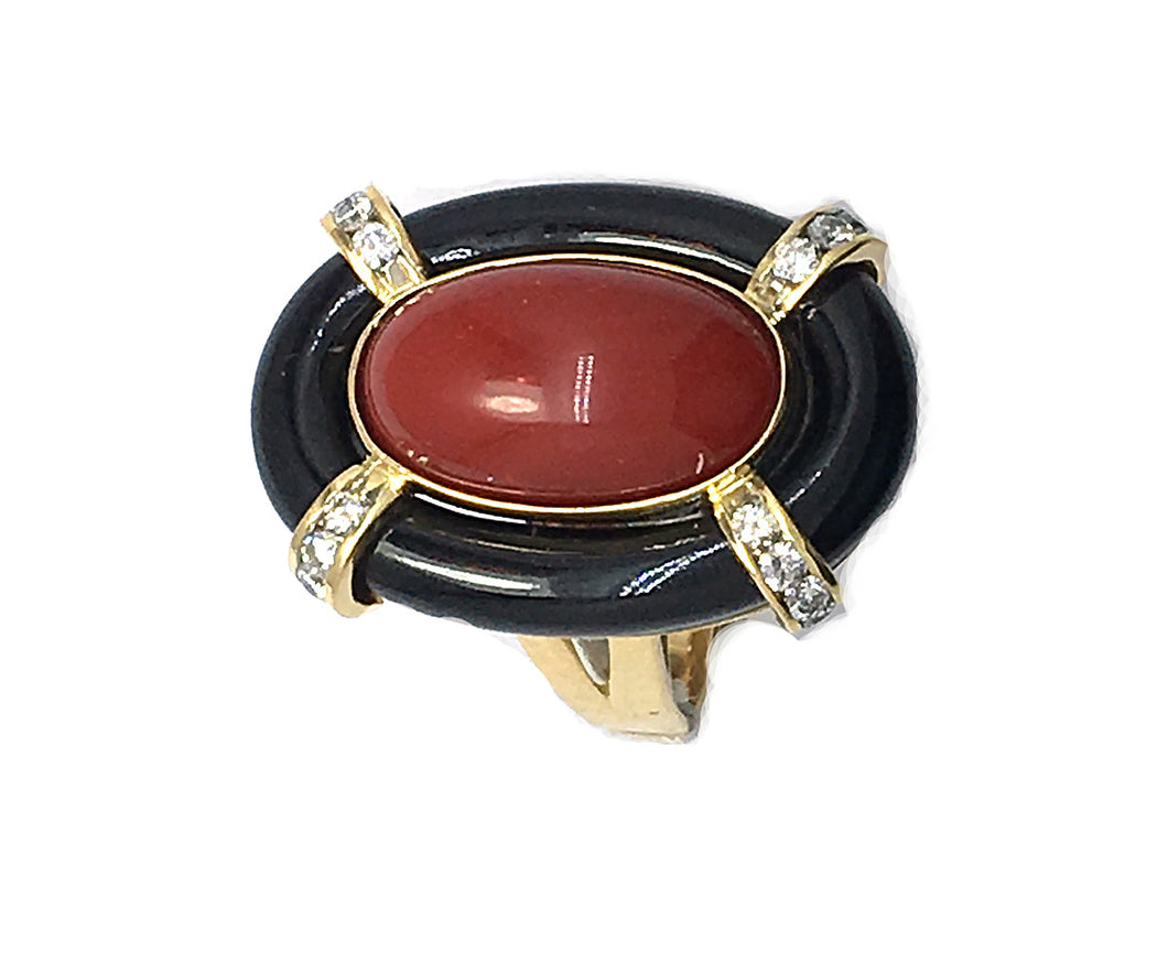 Red Coral,  Black Onyx & Diamond  Deco Style Ring