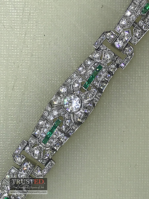 Platinum diamond and emerald bracelet