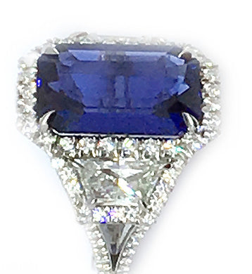 Emerald Cut Fine Open Blue Sapphire & Diamond Ring